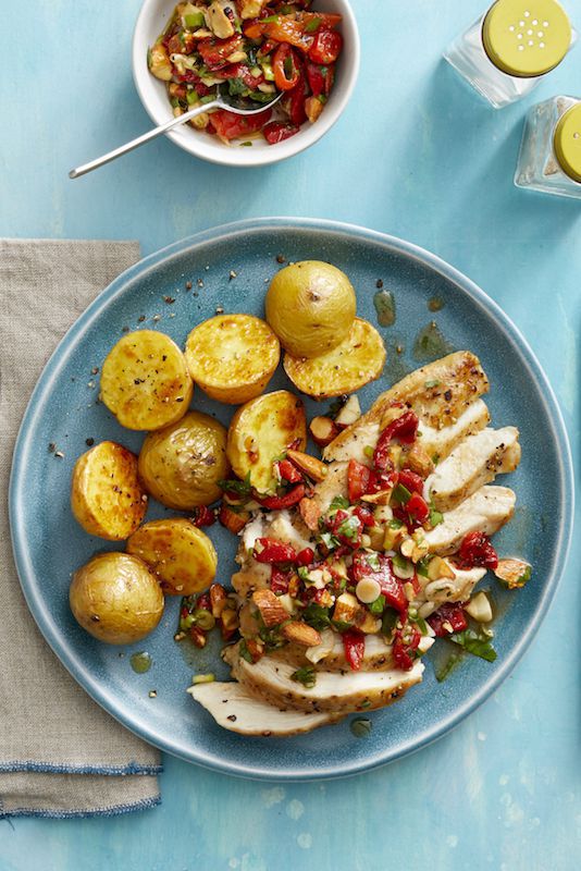 Roast Chicken and Garlic Potatoes with Red Pepper Relish!